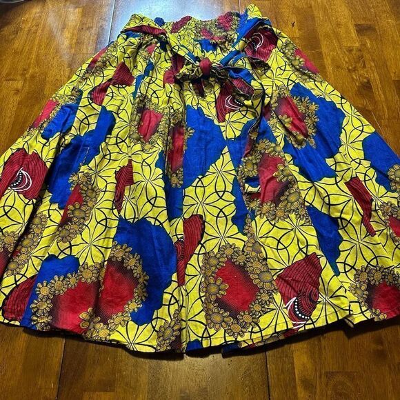 Sakkas Womens Boho Yellow and Blue Pleated Midi Skirt Pockets Free Size 2-12 - Picture 1 of 7